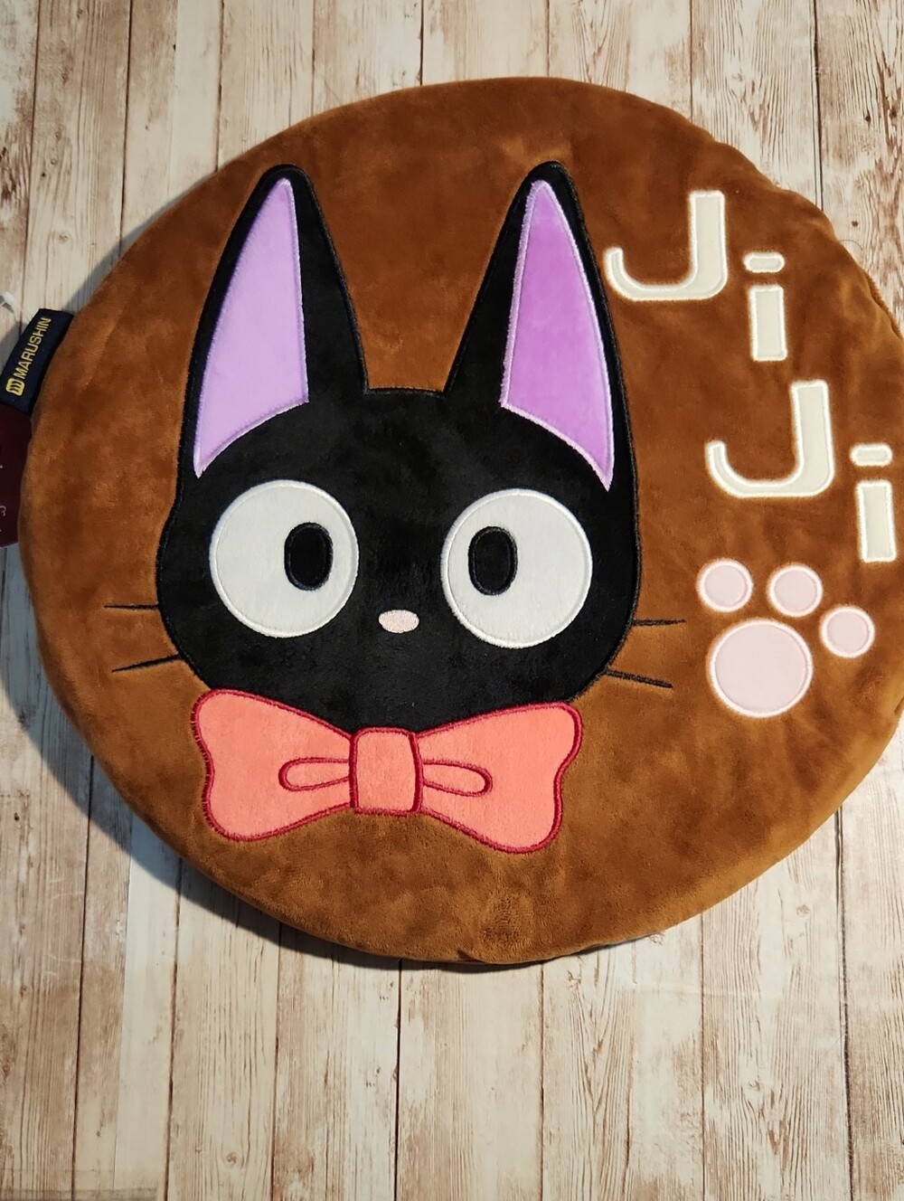 Brown Round Plush Pillow with Black Cat Face and Pink Bow